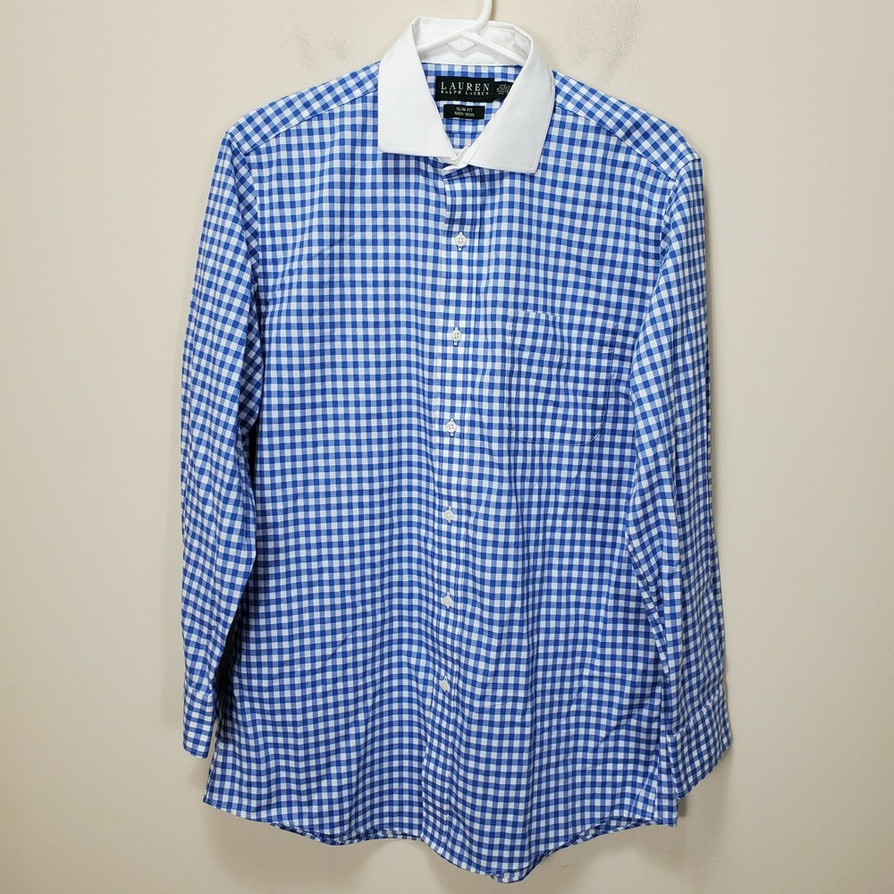 Ralph Lauren Blue Slim Fit Non Iron 16 32/33 Long Sleeve Button Up Check collar
